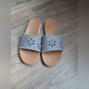 Denim Blue Floral Cutout Slide Sandals - Women's Comfort Slides